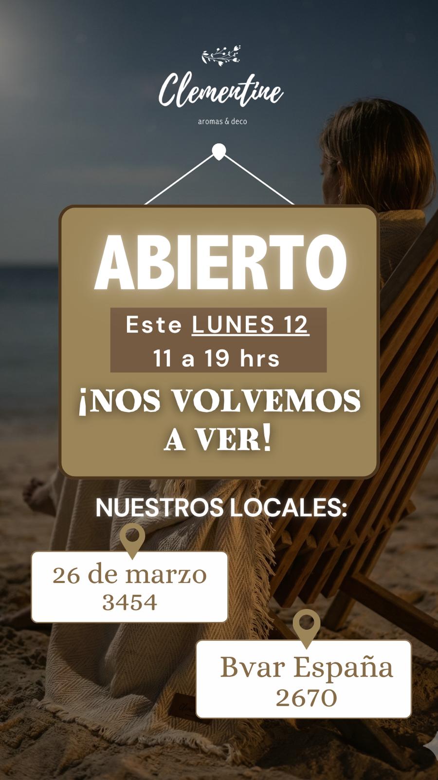 Clementine reabre - Este lunes 12 - 11 a 19 hs - ¡Nos volvemos a ver!